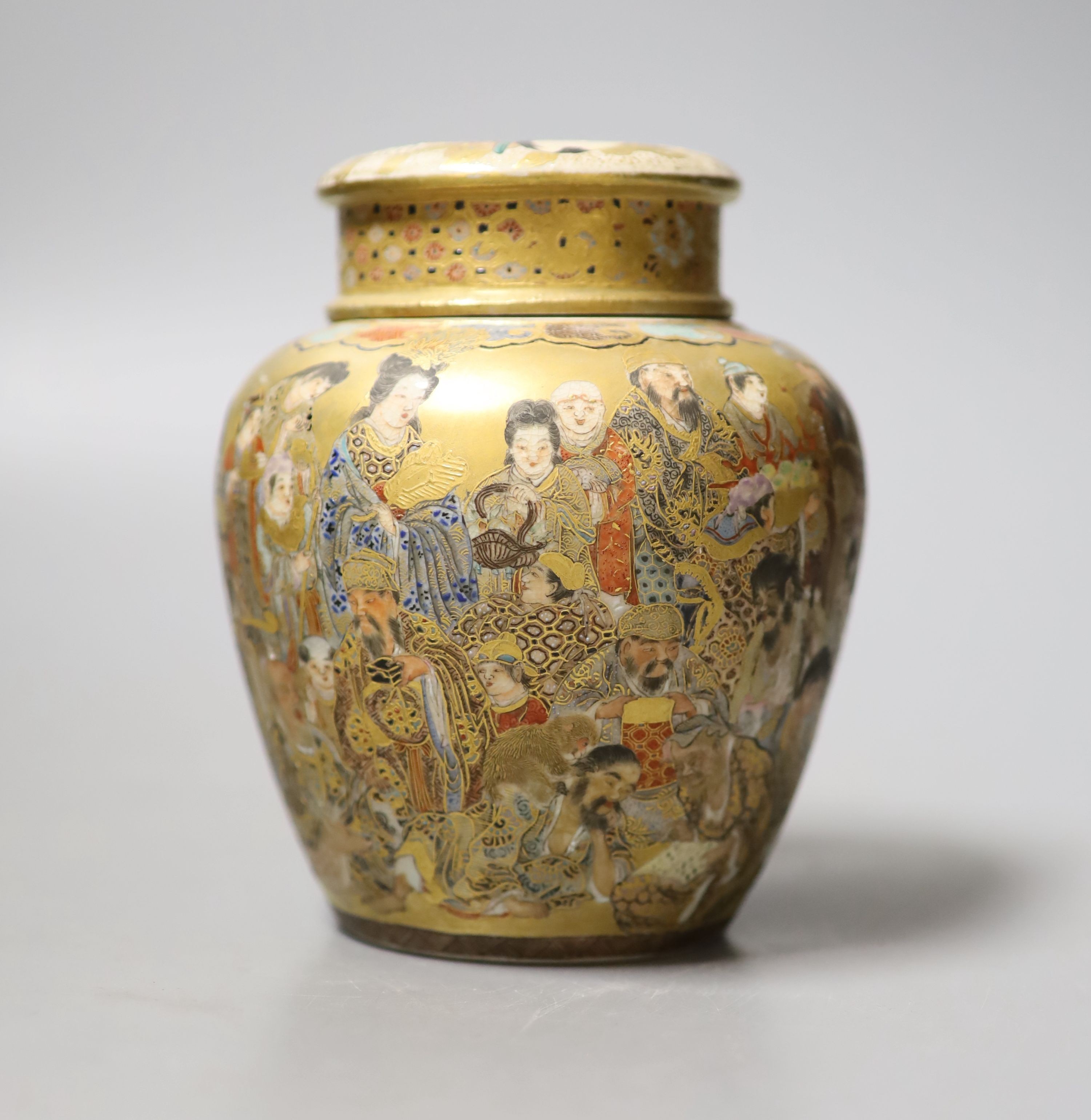A Japanese satsuma pottery tea canister, inner cover and cover, Meiji period, 14cm